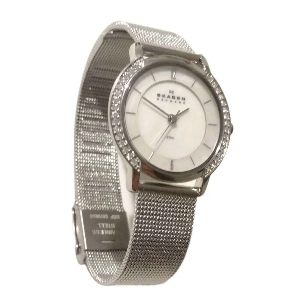 Skagen Denmark Womens Silver Mesh Band Crystal Bezel Quartz Watch 804SSS 28mm